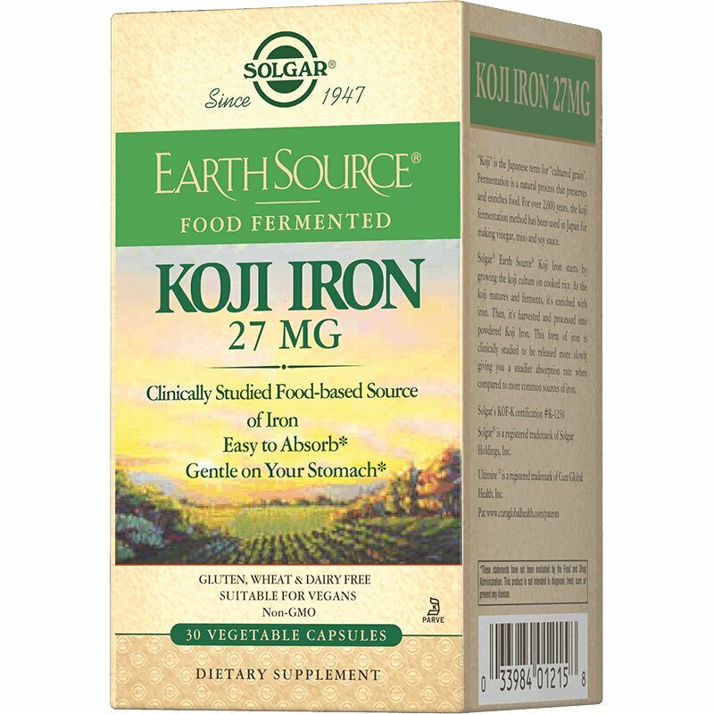 Solgar Железо 27 мг в ферментированной культуре Коджи / Koji Iron 27 mg Vegetable Capsules капсулы массой 585 мг 30 шт — фото 1