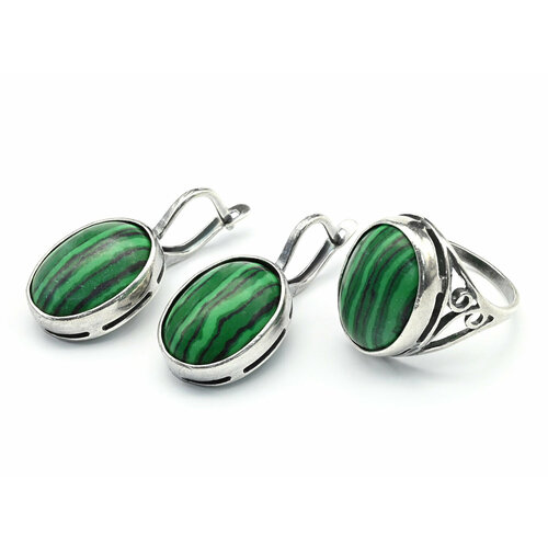 фото Комплект бижутерии: кольцо, серьги, малахит синтетический, размер кольца 20, зеленый кольцо серьги с малахитом имитация размер 20