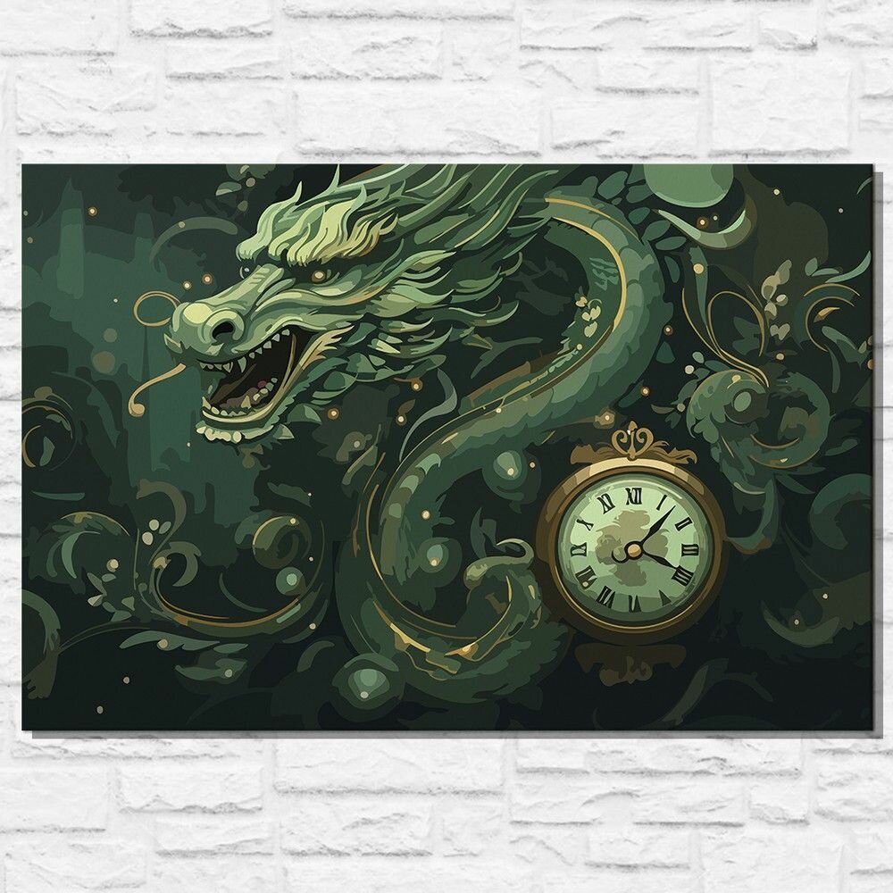 Картина по номерам на холсте новый год деревянный зеленый дракон (год дракона, рождество, фэнтези) - 12788 40х60