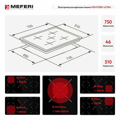 Электрическая варочная панель MEFERI MEH755BK ULTRA стеклокерамика 75см 5 конфорок черный 2999000₽