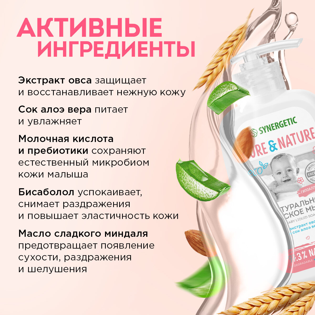 Натуральное гипоаллергенное детское жидкое мыло 0+ SYNERGETIC, 250 мл