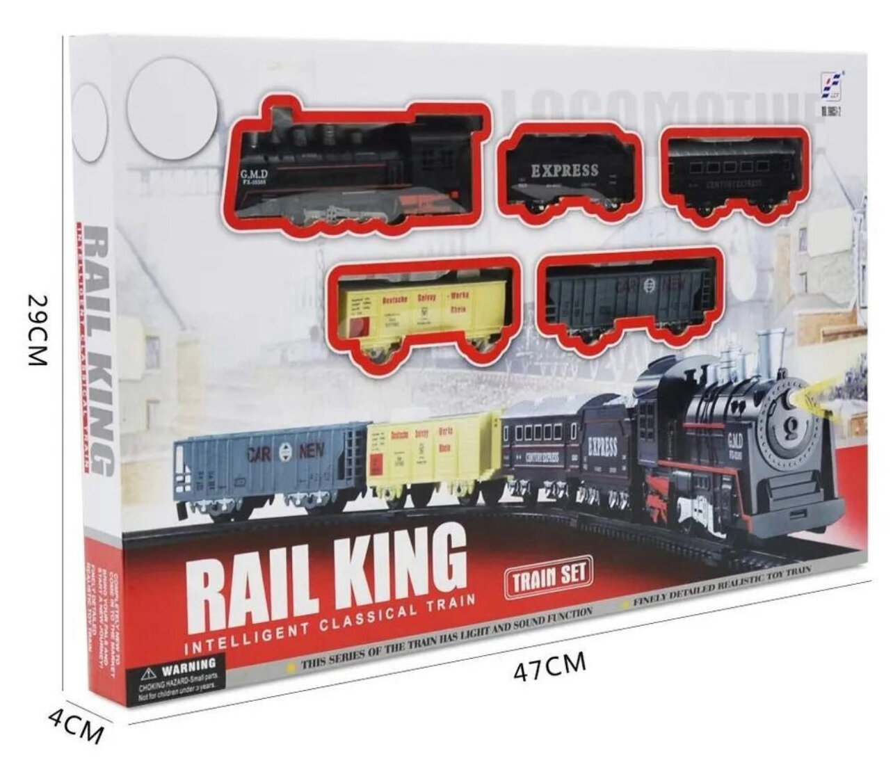 Железная дорога детская, паровоз с 4 вагонами Rail King / товарный поезд