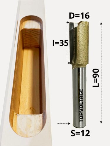 Изображение товара Фреза пазовая прямая для врезки скрытых петель размеры 16х35х90 мм, хвостовик 12 мм, TOPVOLTAGE 103216