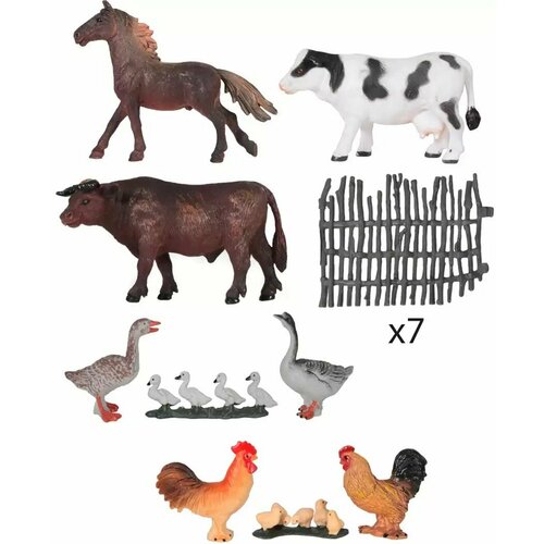 Набор домашних животных 138-2 Я играю в зоопарк 8 шт. в уп. набор фигурок корова овцы петух жеребенок фермеры инвентарь 21 предмет