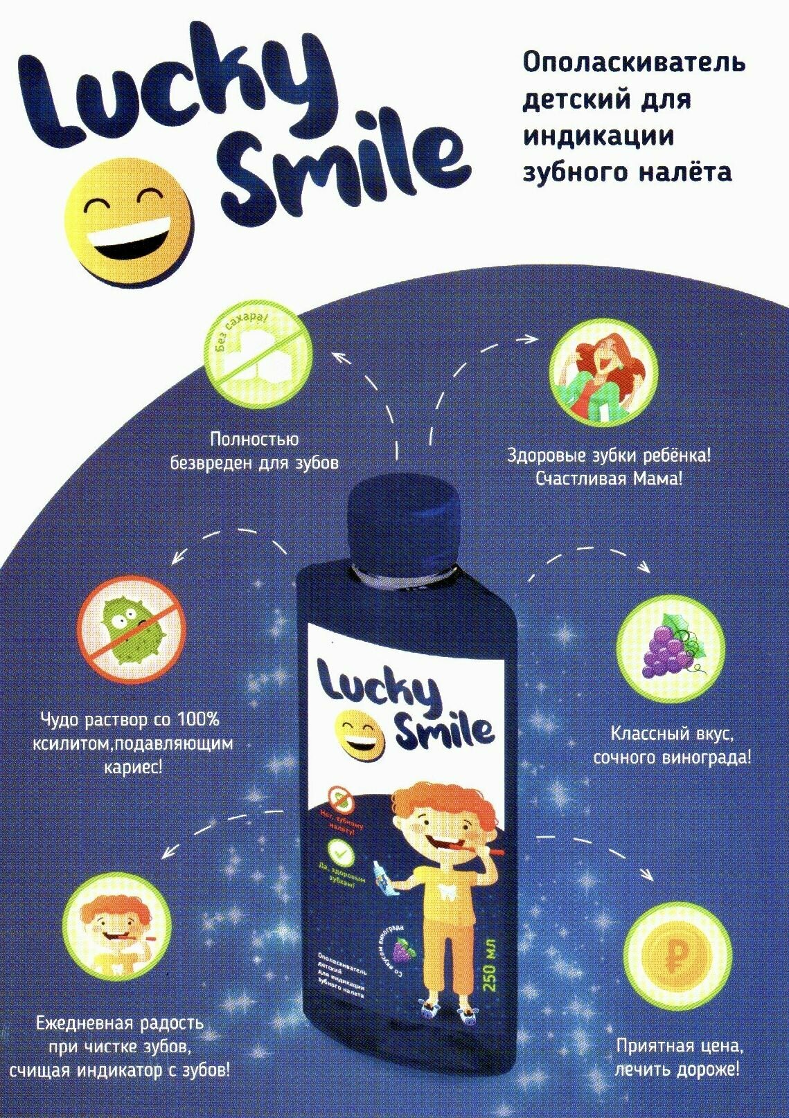 Ополаскиватель детский для индикации зубного налёта Lucky Smile со вкусом винограда