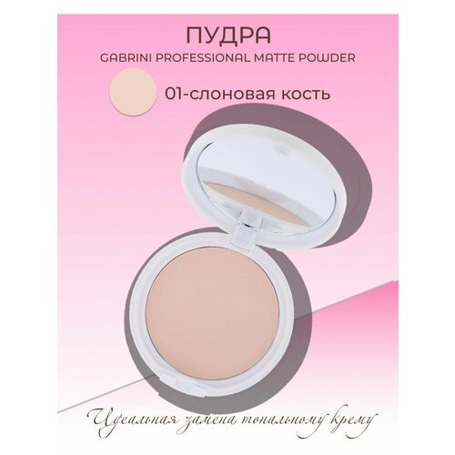 Компактная пудра для лица Matte Powder Gabrini, профессиональная, матирующая, подходит для проблемной кожи, с зеркальцем, тон 01 слоновая кость, 12гр.