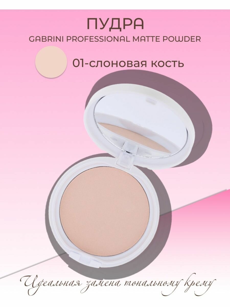 Компактная пудра для лица Matte Powder Gabrini, профессиональная, матирующая, подходит для проблемной кожи, с зеркальцем, тон 01 слоновая кость, 12гр.