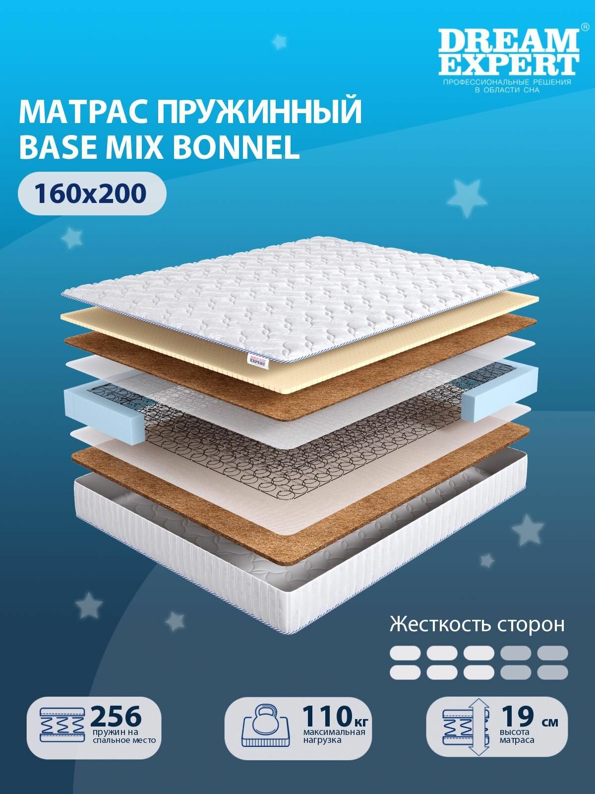 Матрас DreamExpert Base Mix Bonnel средней жесткости, двуспальный, зависимый пружинный блок, на кровать 160x200