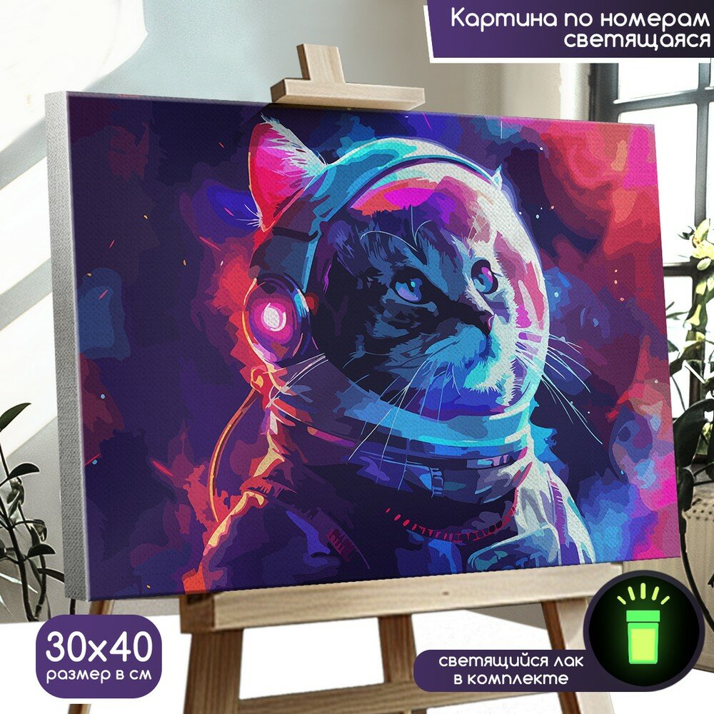 Картина по номерам со светящейся краской кот космонавт (милота, космос) - 1107 Г 30x40