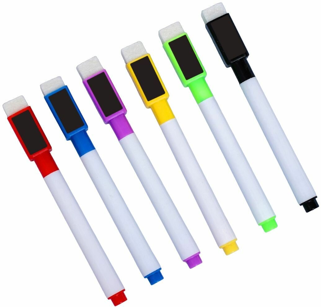 Цветные стираемые водные маркеры с магнитом, комплект фломастеров пиши-стирай на водной основе для рисования по белой магнитной доске, флипчарту, стеклу, набор 6 шт.