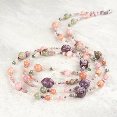 Колье Diana Savitskaya, розовый кварц, кварц, чароит, длина 145 см, золотой, розовый