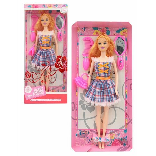 Кукла 3 аксессуара в розовом клетчатом платье 1036-KR1 615₽