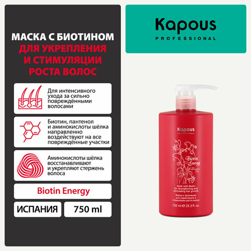 Kapous Professional Маска с биотином для укрепления и стимуляции роста волос Biotin Energy, 750 мл шампунь с биотином для укрепления и стимуляции роста волос kapous biotin energу 750 мл