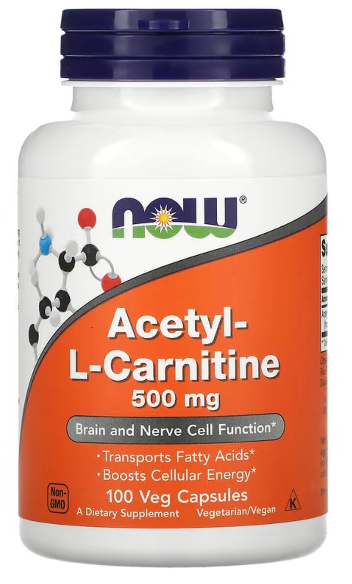 NOW Foods, Acetyl-L Carnitine, Ацетил-L-карнитин, 500 мг, 100 растительных капсул