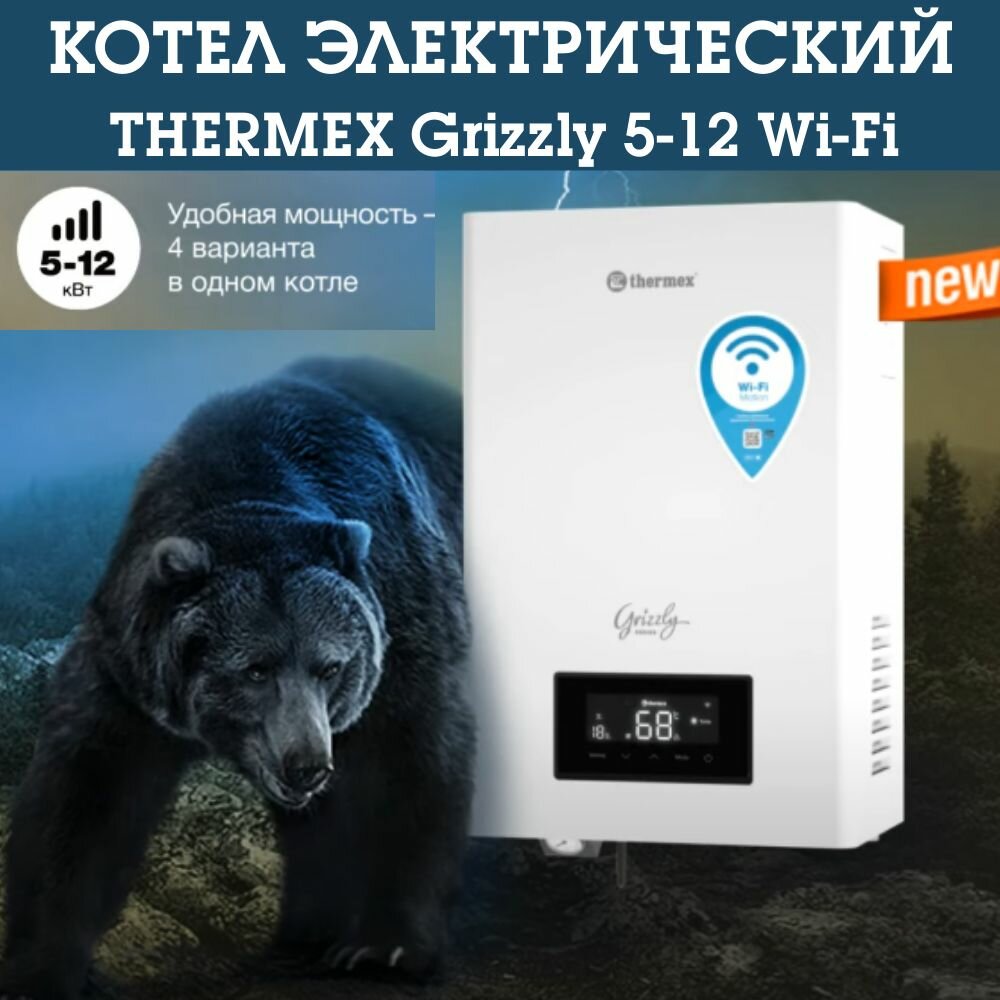 Электрический настенный котел THERMEX Grizzly 5-12 Wi-Fi, одноконтурный, с возможность подключения бойлера, Работает с Алисой