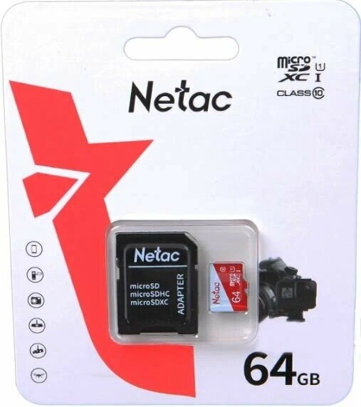 Карта памяти Netac P500 ECO microSDXC 64 ГБ Class 10 + SD адаптер ( NT02P500ECO-064G-R )