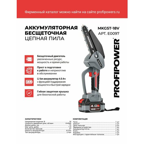 Аккумуляторная бесщёточная цепная пила ProfiPower MKGSТ-18V 0-4500 обмин Li-ion 4Ач-1шт шина 62 цепи в комплекте 37зв в коробке 6850₽