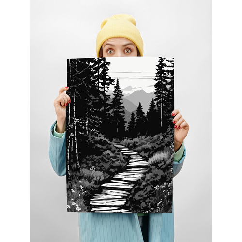 Картина для интерьера на стену на холсте 40х50 см черно-белая лесная Дорога в лесу 450₽