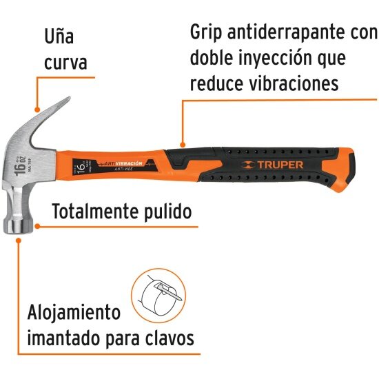 Молоток-гвоздодер Truper MA-16F , ручка фиберглас, 0,45кг - фото №1