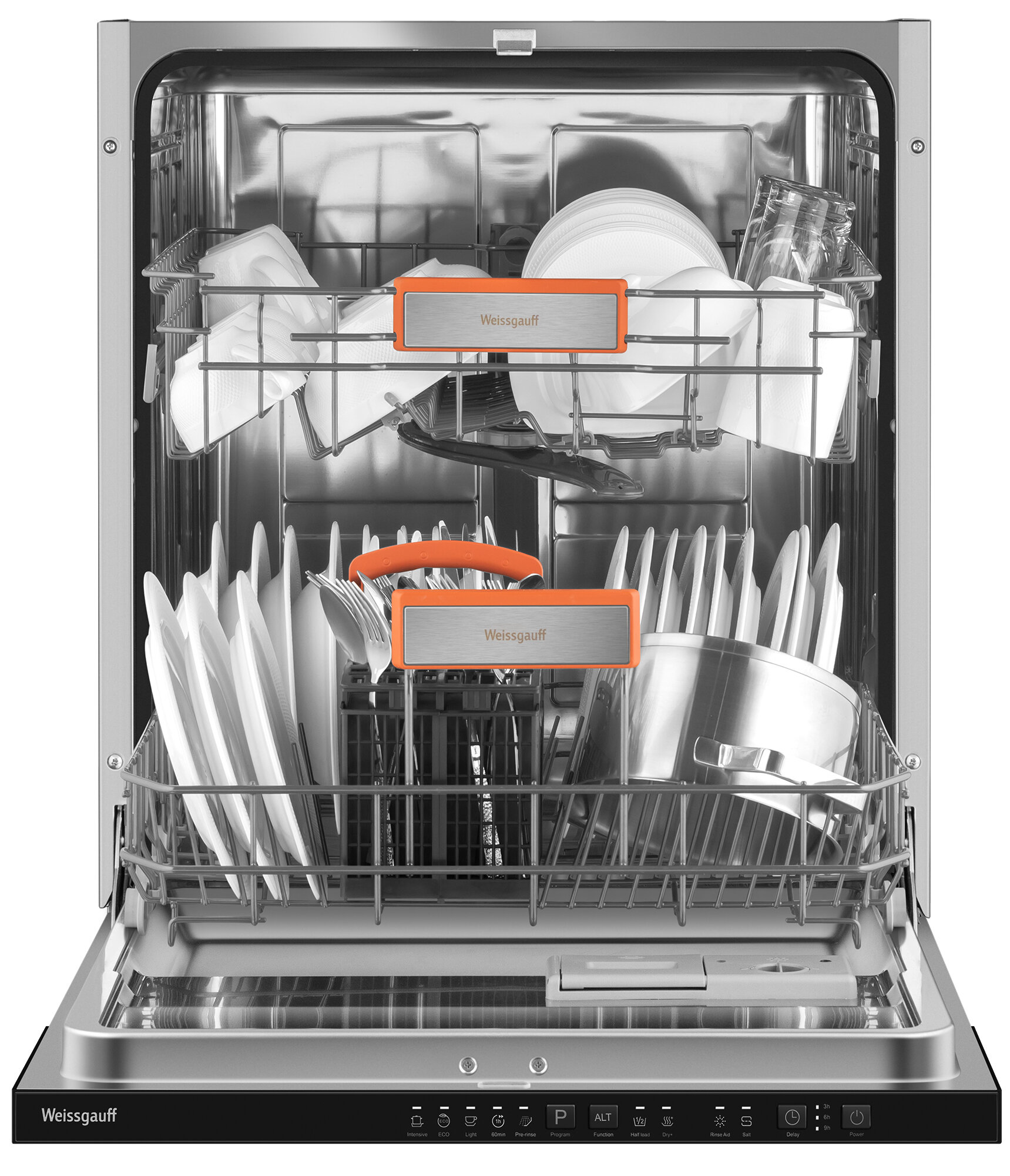 Встраиваемая посудомоечная машина с лучом на полу Weissgauff BDW 6025 Infolight,3 года гарантии,12 комплектов посуды, 5 программ, дополнительная сушка, половинная загрузка, индикаторы соли и ополаскивателя, энергоэффективность A++, защита от протечек
