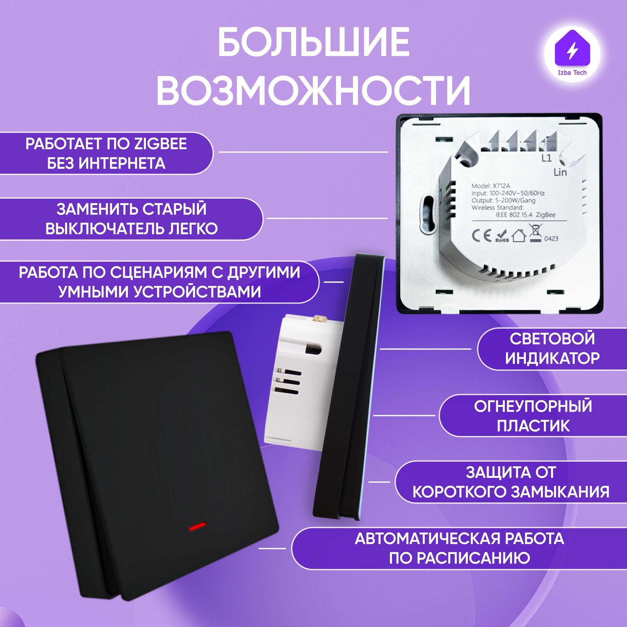Умный выключатель Zigbee без нуля, умный дом, импульсный одноклавишный, черный — фото 1