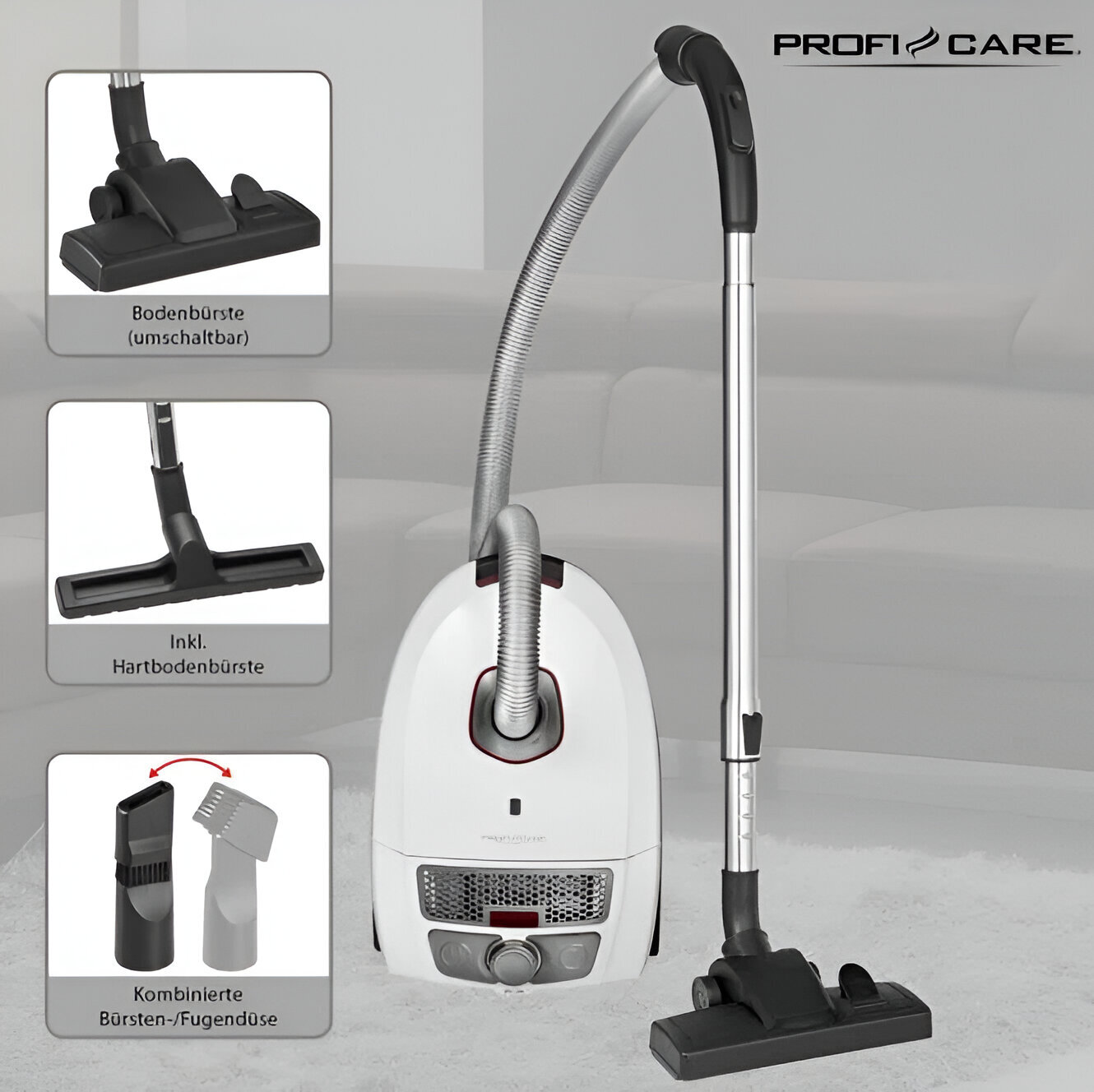 Пылесос Profi Care PC-BS 3041 600 Вт, HEPA фильтр, Вертикальная парковка, 3 насадки
