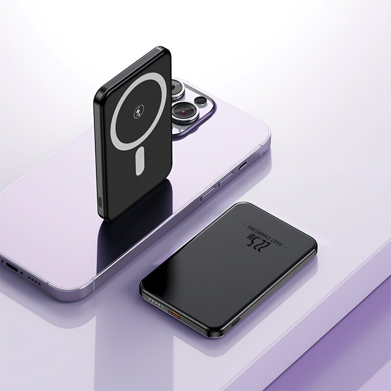 Портативное зарядное устройство 5000 mah/ Беспроводная зарядка MagSafe/ Металлический корпус/ Индикация заряда/ Black — фото 1