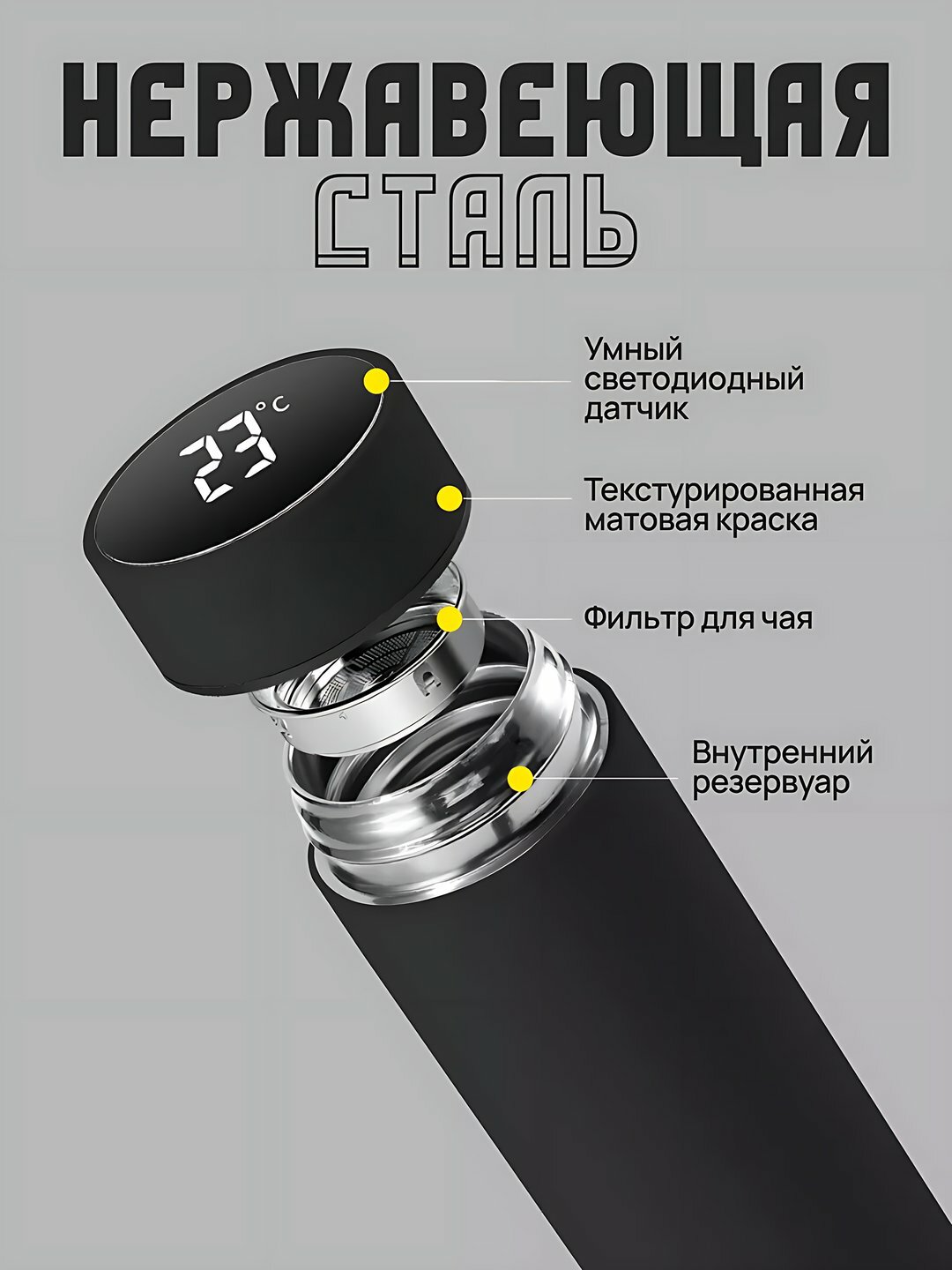 Термос с датчиком температуры, нержавеющая сталь, 500 мл, чёрный — фото 1