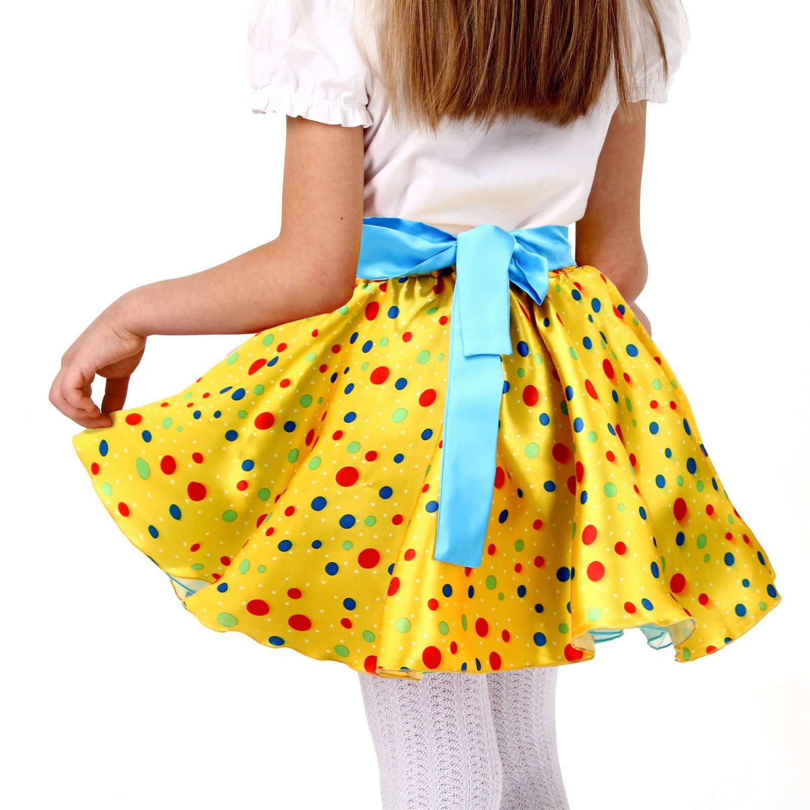 Карнавальный набор"Стиляги7"юбка желтая в мелкий цветной горох, пояс, повязка, рост110-116 9744992 .