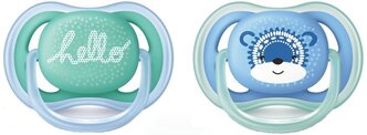 Пустышка силиконовая ортодонтическая Philips AVENT Ultra Air SCF342/22 6-18 м, 2 шт., голубой/зеленый