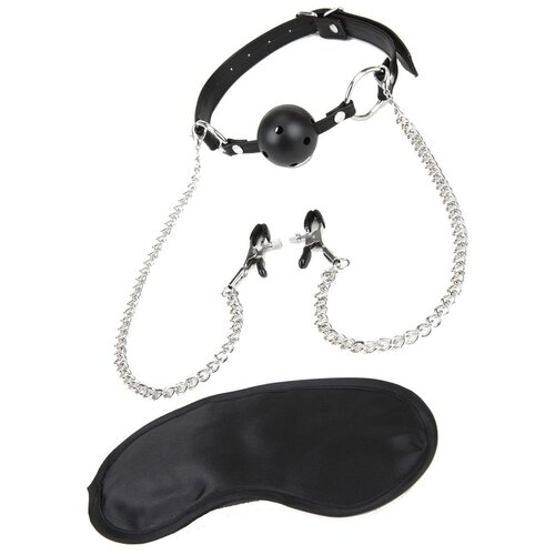 67890 Lux Fetish Breathable Ball Gag With Nipple Chain, черный. Кляп и зажимы для сосков