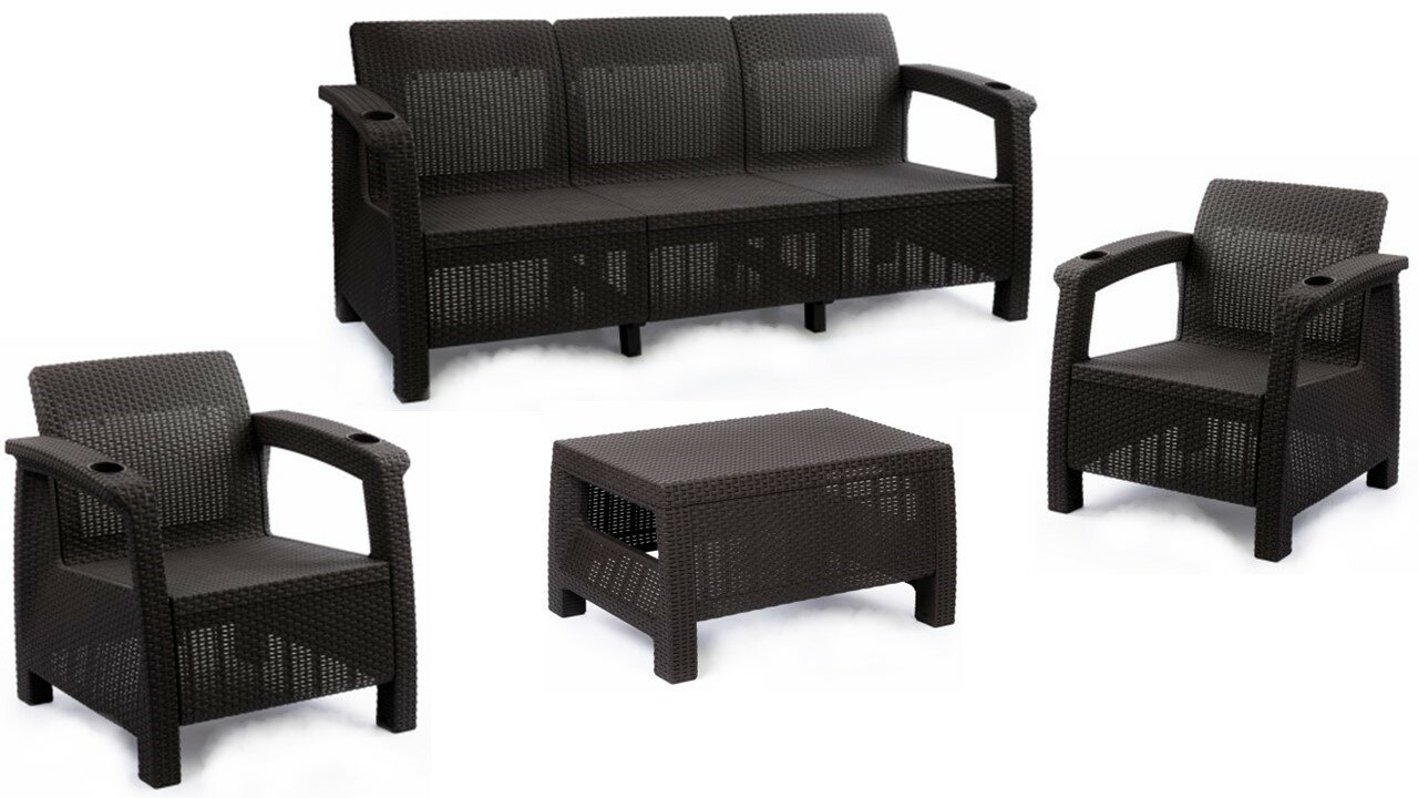 Комплект садовой мебели: 3-х местный диван, 2 кресла и журнальный столик Ротанг мокко