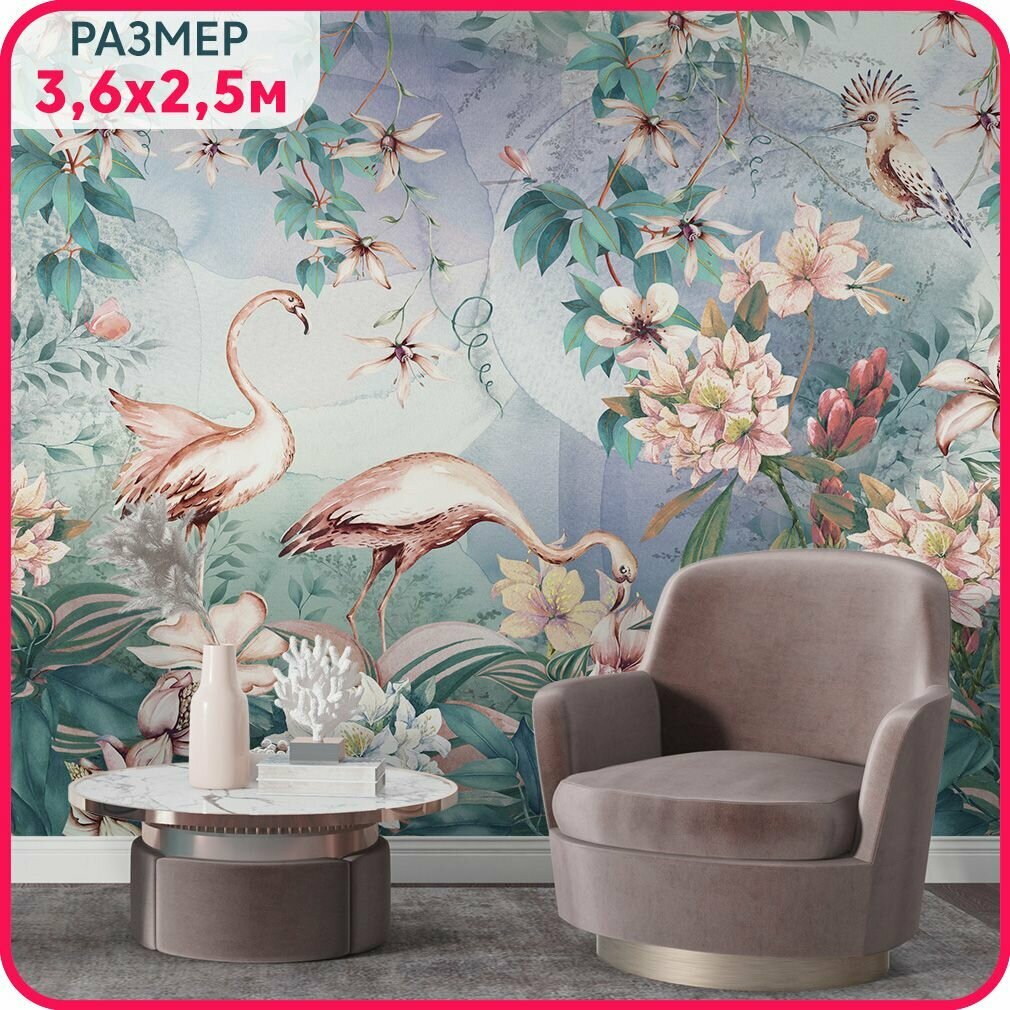 Фотообои фламинго на стену моющиеся "Птицы в вечернем саду" в спальню, в гостиную и на кухню с фактурой крошка 360x251 см.
