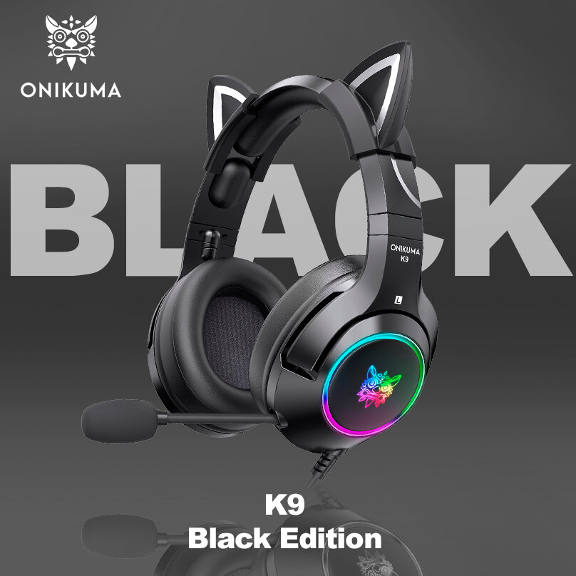 Игровые наушники ONIKUMA K9 Black Cat черные с кошачьими ушками и подсветкой