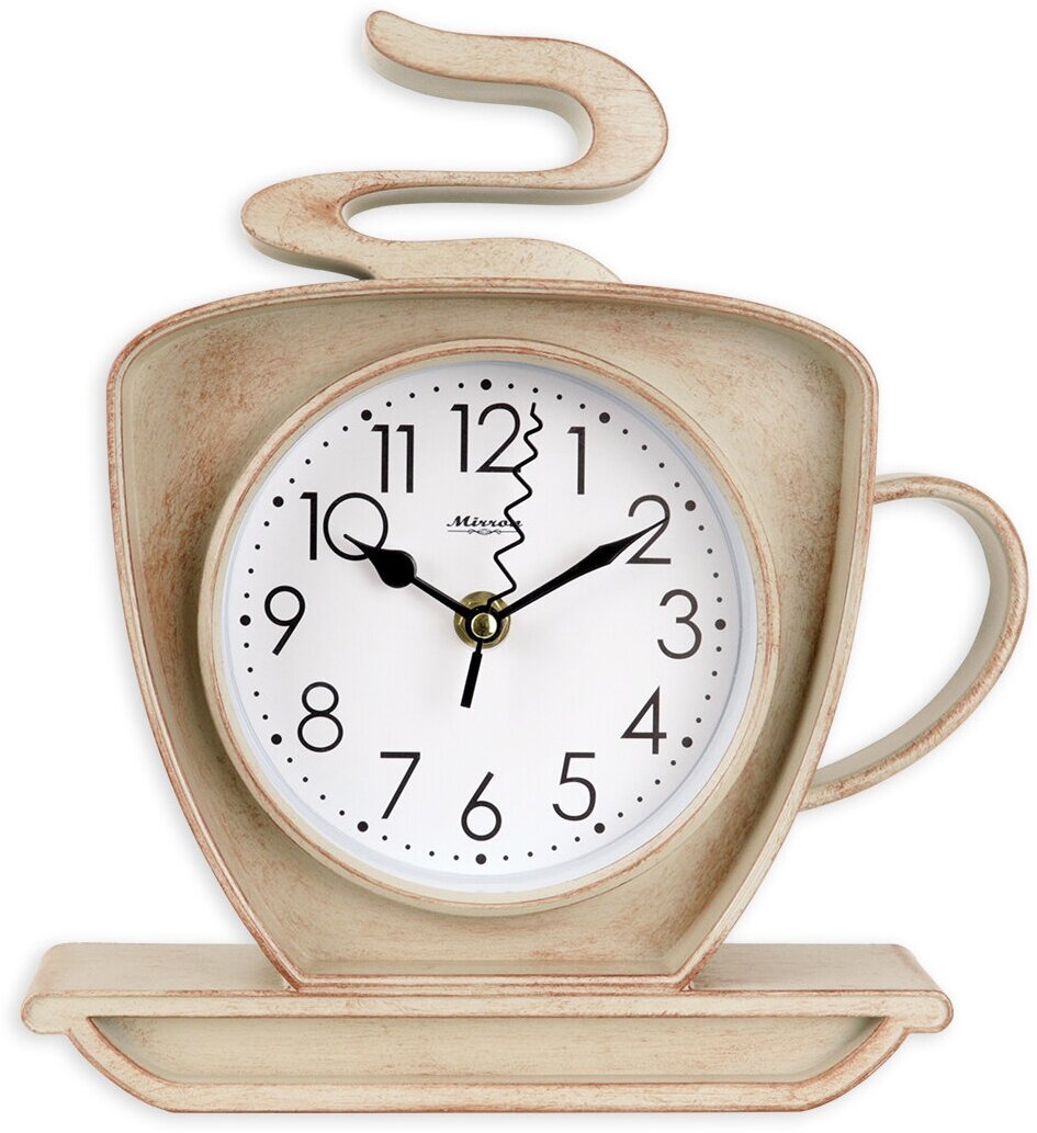 Настенные часы MIRRON 121-1010 БА/Часы на кухню/Бежевый цвет корпуса/Часы в форме кофейной чашки, кружки/Оригинальные настенные кухонные часы/Тематические часы