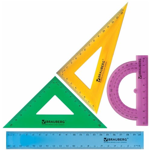 фото Набор чертежный, средний "сrystal": линейка 20 см, 2 угольника,транспортир, цветной brauberg