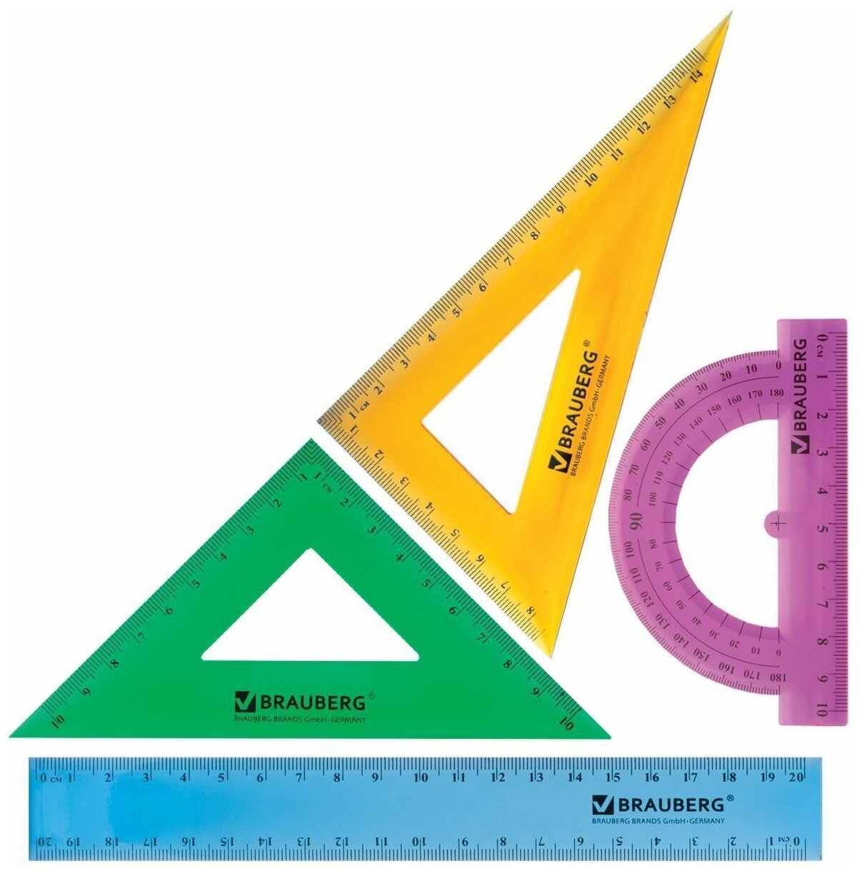 Набор чертежный средний Brauberg Crystal (линейка 20см, 2 треугольника, транспортир) цветной (210296)