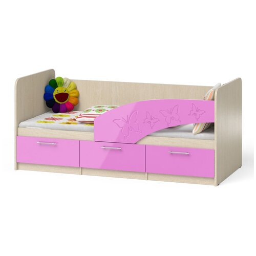 фото Кровать детская с ящиками бабочки 1,8п цвет дуб атланта/розовый глянец бит и байт