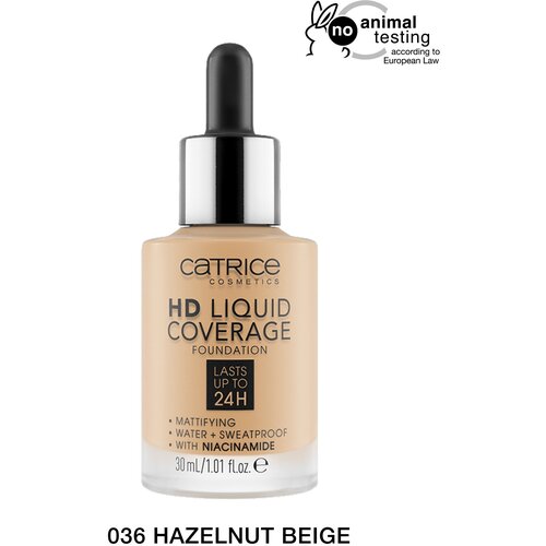 CATRICE Тональная эмульсия HD Liquid Coverage Foundation, 30 мл/130 г, оттенок: 036 Hazelnut Beige catrice тональная эмульсия hd liquid coverage foundation 30 мл 133 г оттенок 032 nude beige