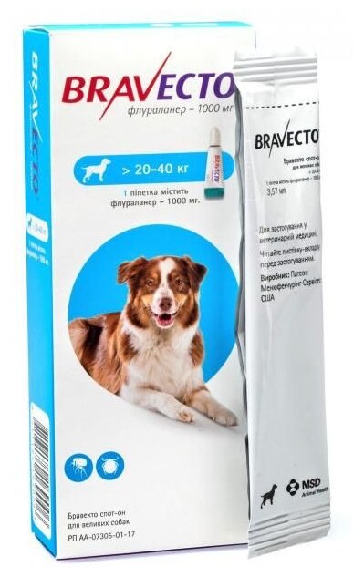 MSD Animal Health  капли от блох и клещей Бравекто Спот Он для собак 20-40 кг 1 шт. в уп., 1 уп.
