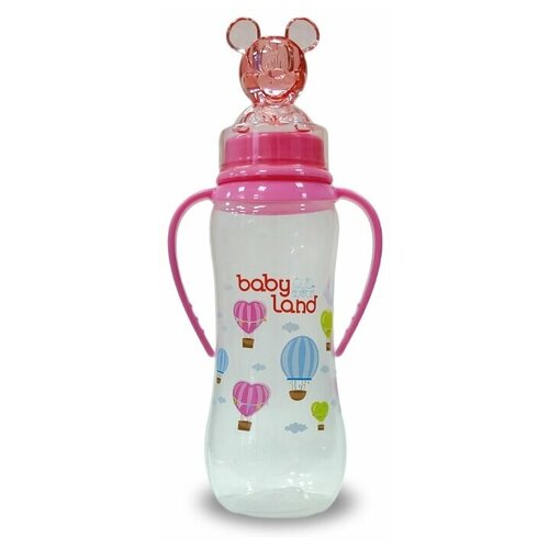 Baby Land Бутылочка антиколиковая с ручками, колпачком-игрушкой, соска ортодонтическая, 240мл, с 6 месяцев, розовый