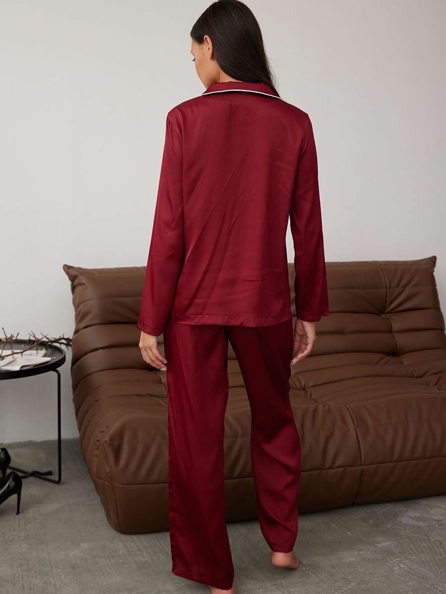 Пижама , рубашка, брюки, длинный рукав, пояс на резинке, размер S, бордовый, красный - фотография № 5