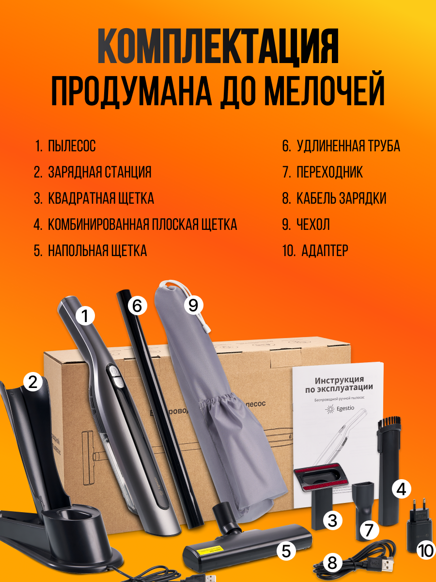 Пылесос для автомобиля и дома Egestio вертикальный беспроводной ручной мощный 16000Pa — фото 2