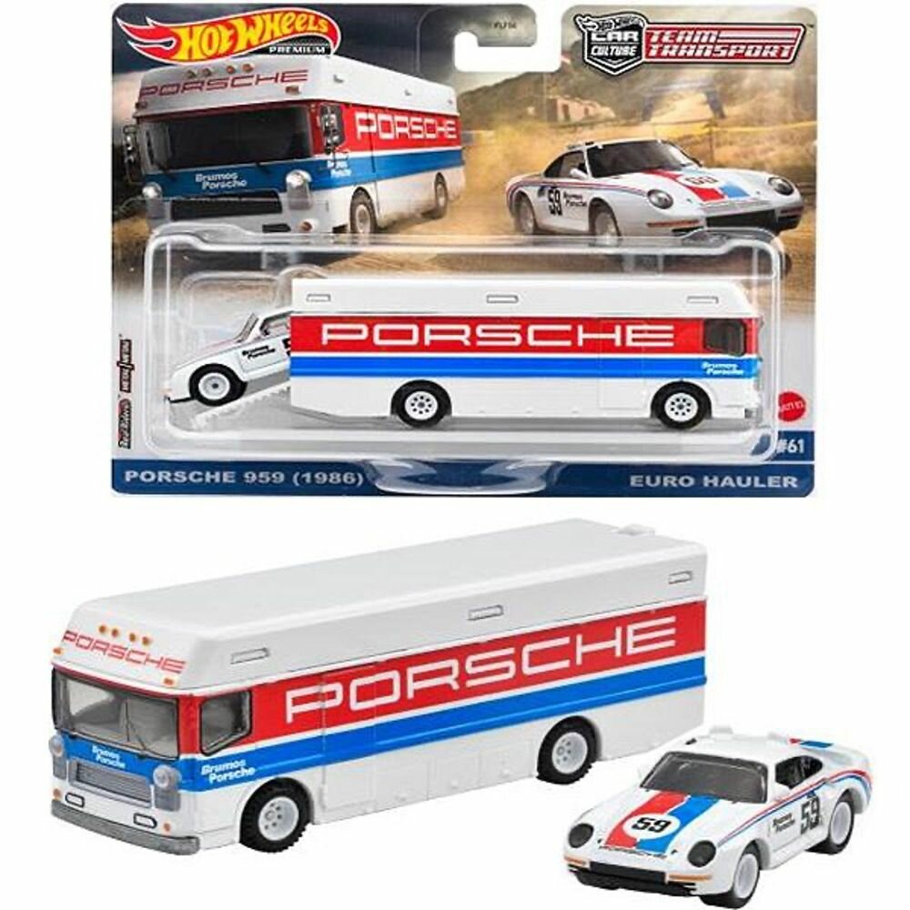 HKF47 Машинка металлическая игрушка Hot Wheels Premium Car Culture коллекционная модель премиальная Team Transport Porsche 959(1986) & Euro Hauler 2 шт.