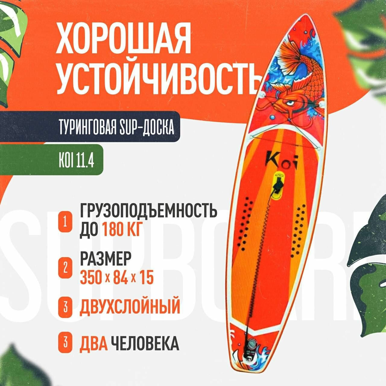 SUP-доска KOI 11'6" надувная, двухслойная. Сапборд устойчивый с полным комплектом, 350x84x15 см, Fanwater