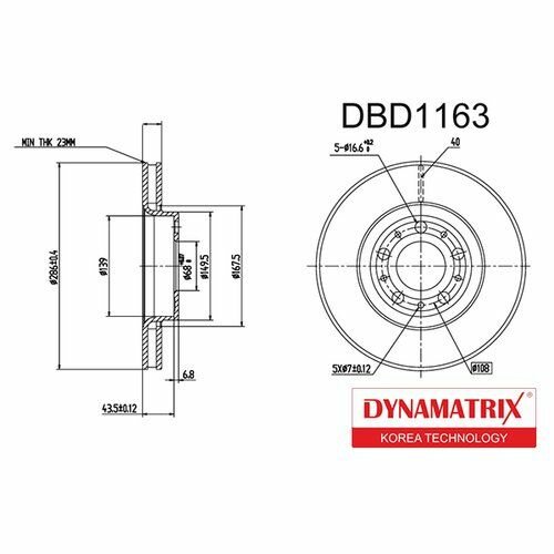 Диск тормозной передний Dynamatrix-Korea DBD1163 для Volvo S60 (2000-2010), Volvo S70 (1996-2000), Volvo S80 (1998-2008)