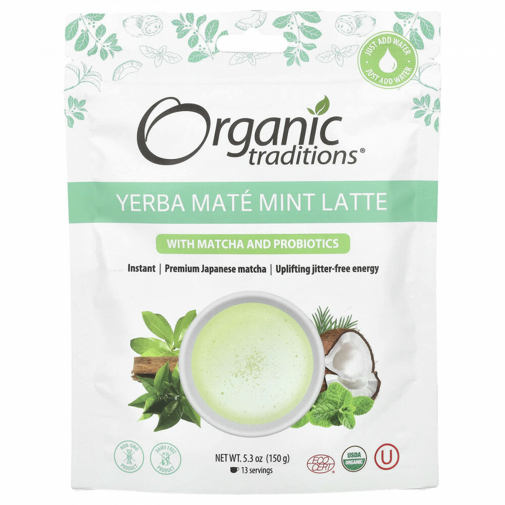Organic Traditions, мятный латте с матча и пробиотиками, 150 г (5,3 унции)