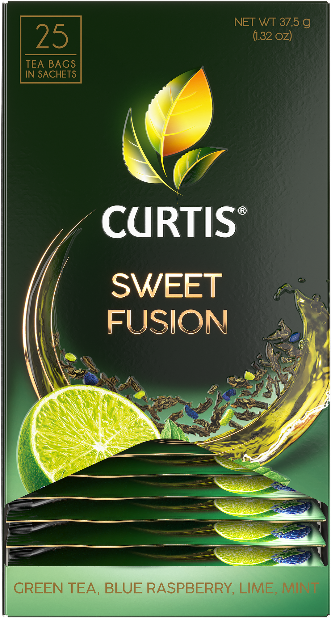 Чай зеленый в пакетиках CURTIS "Sweet Fusion" 25 пакетиков, c лаймом, синей малиной и мятой, мелколистовой - фотография № 4