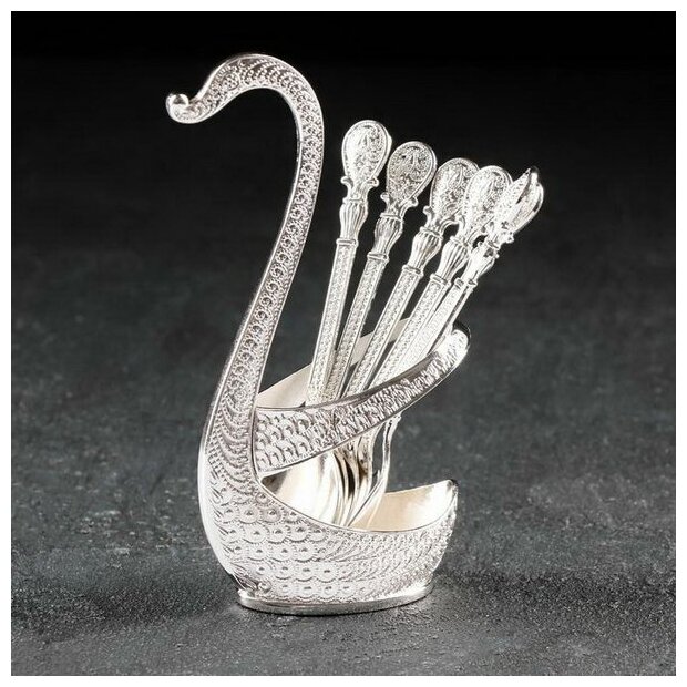 Набор ложек на подставке "Серебряный лебедь", 6 шт, цвет серебряный