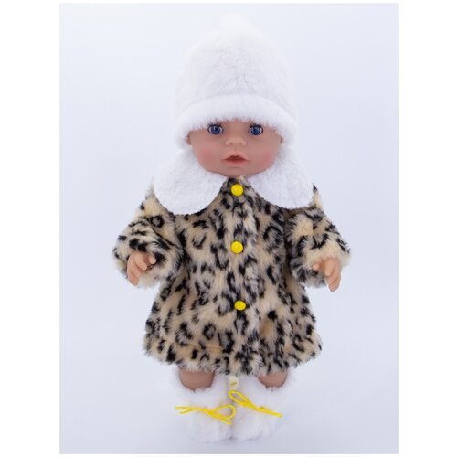 Одежда для кукол Модница Шуба из меха для пупса 43 см с шапочкой и меховыми носочками бежевый